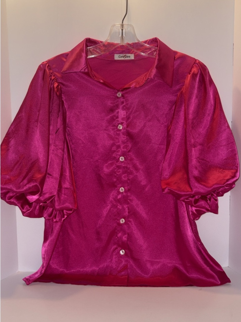 GeeGee Satin Puff-Sleeve Button-Down Blouse in Fuchsia